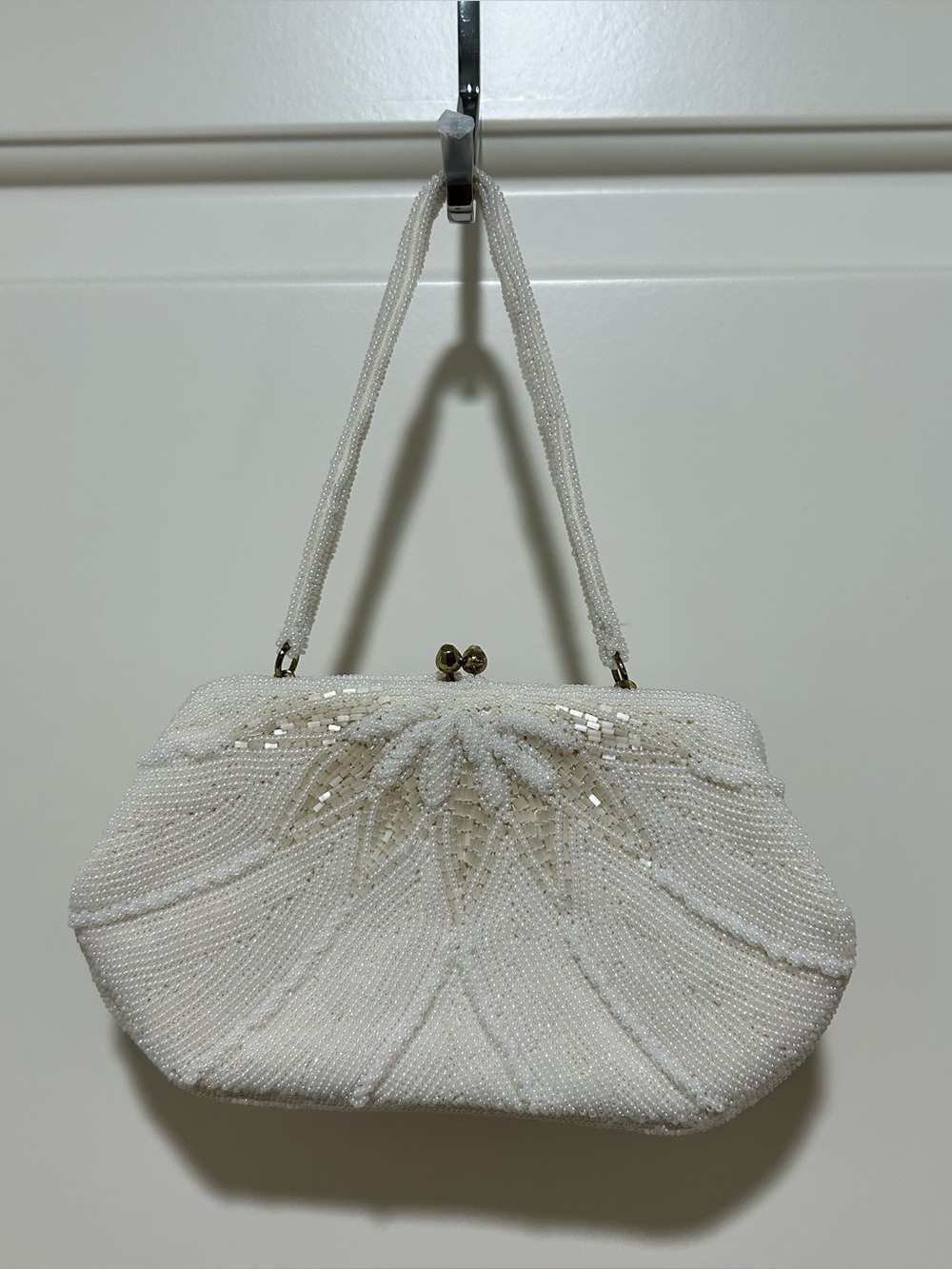 Elegant vintage White Beaded Evening Bag/clutch with beaded strap.  Very clean.